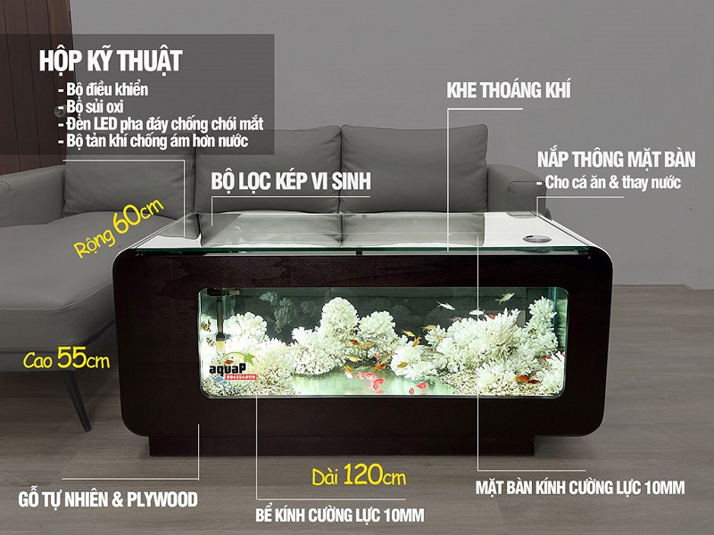 Thông số kỹ thuật bàn trà bể cá VIP3 tiểu cảnh san hô